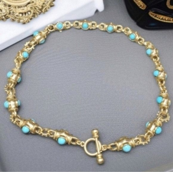 Matte Gold Byzantine Revival Turquoise Cabochon Toggle Necklace - Picture 2 of 6